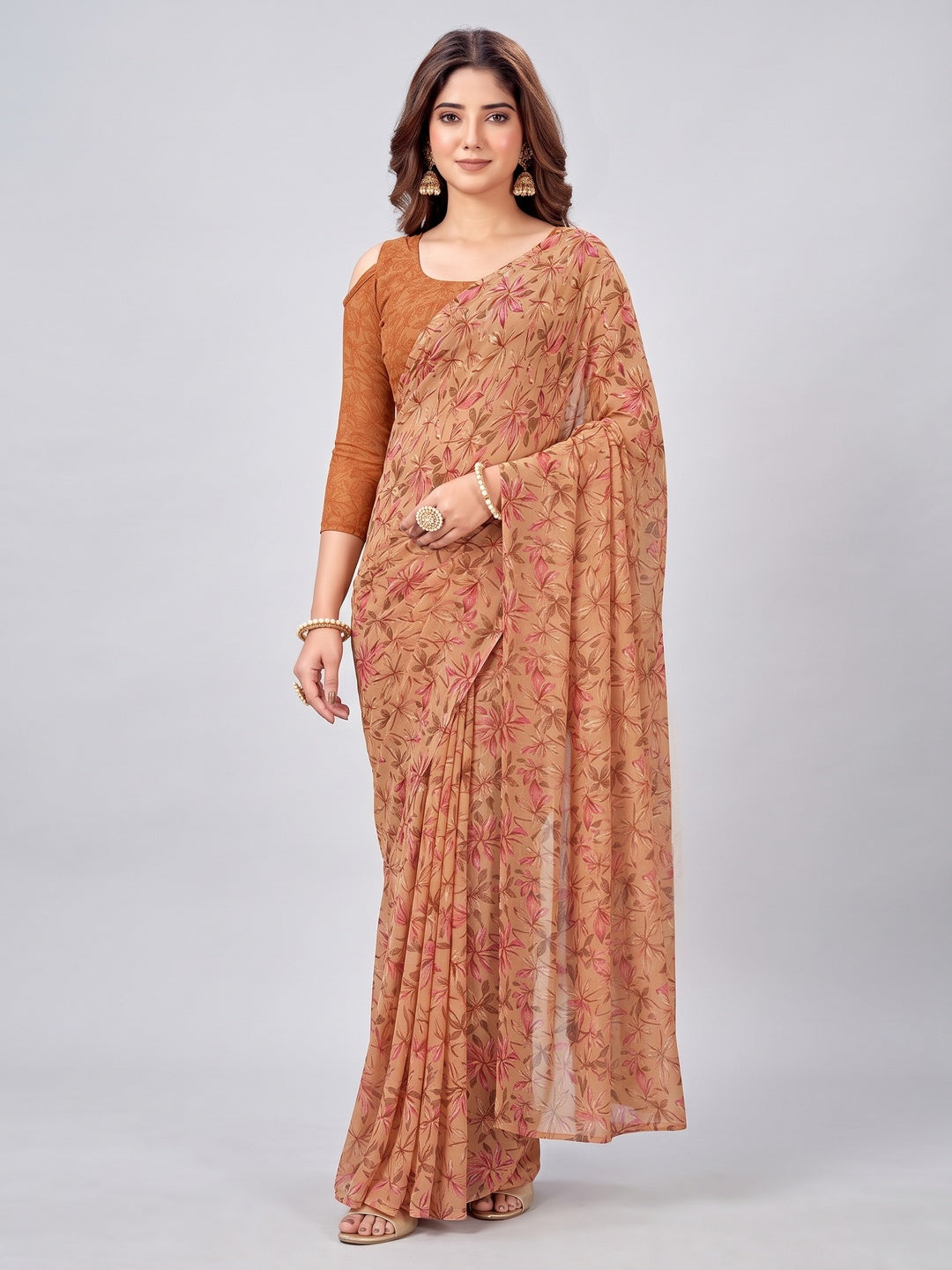 Rust Floral Printed Georgette Saree - Image 1