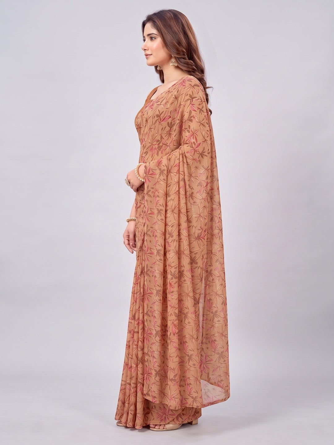 Rust Floral Printed Georgette Saree - Image 2