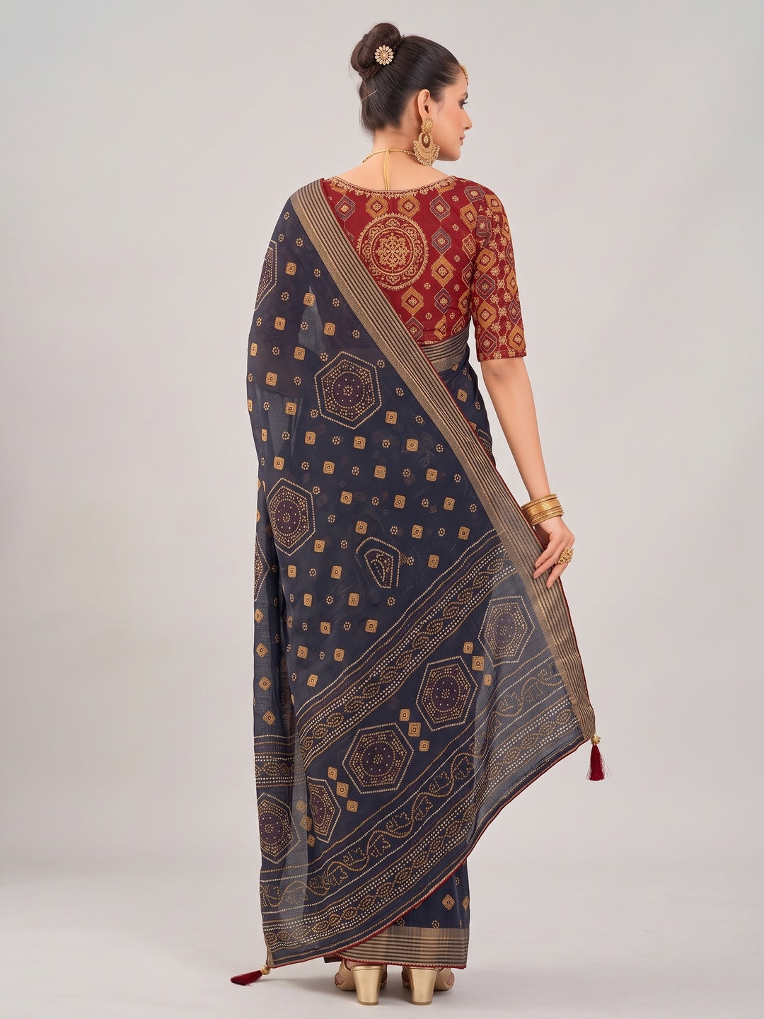 Blue Bandhani Printed Chiffon Saree With Tassels - Image 2
