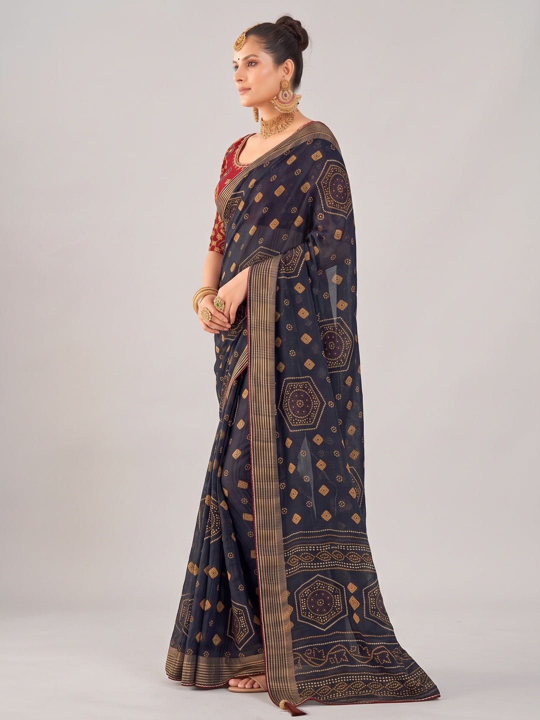 Blue Bandhani Printed Chiffon Saree With Tassels - Image 3