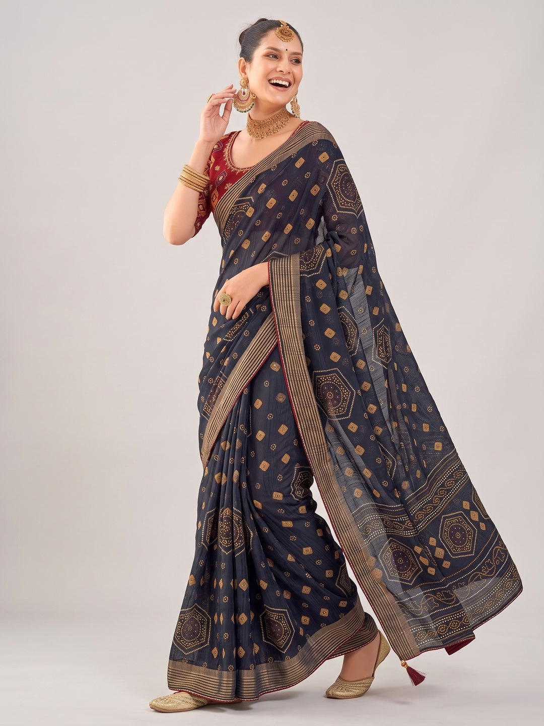 Blue Bandhani Printed Chiffon Saree With Tassels - Image 4