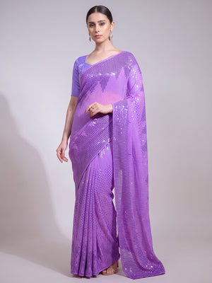 Purple Sequins Embroidered Georgette Saree - Image 1
