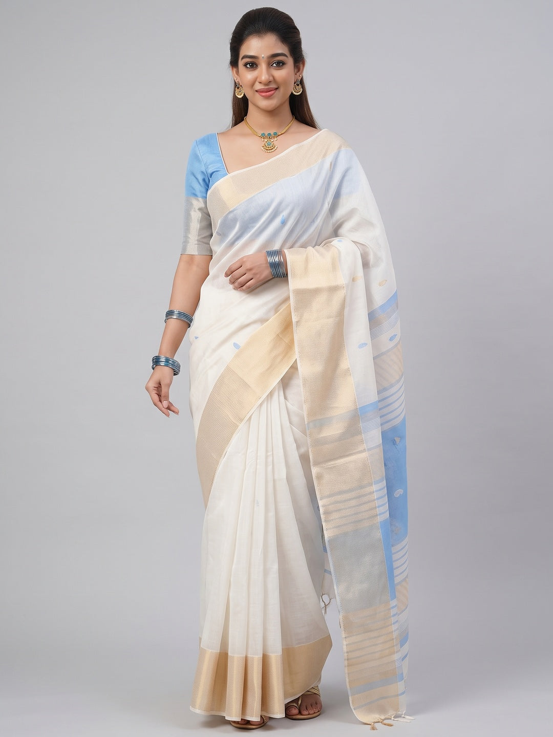 White and Blue Zari-Woven Linen Cotton Saree Offering a Refined Festive Look - Image 1
