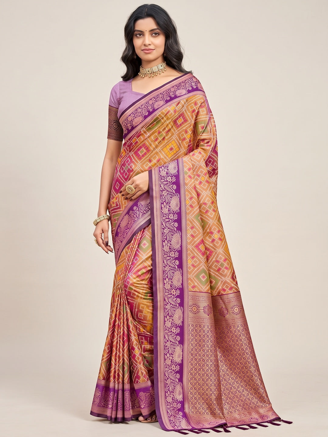 Timeless Dark Mustard Geometric & Floral Design Weaving Silk Blend Saree With Stylish Tassels Pallu - Image 1
