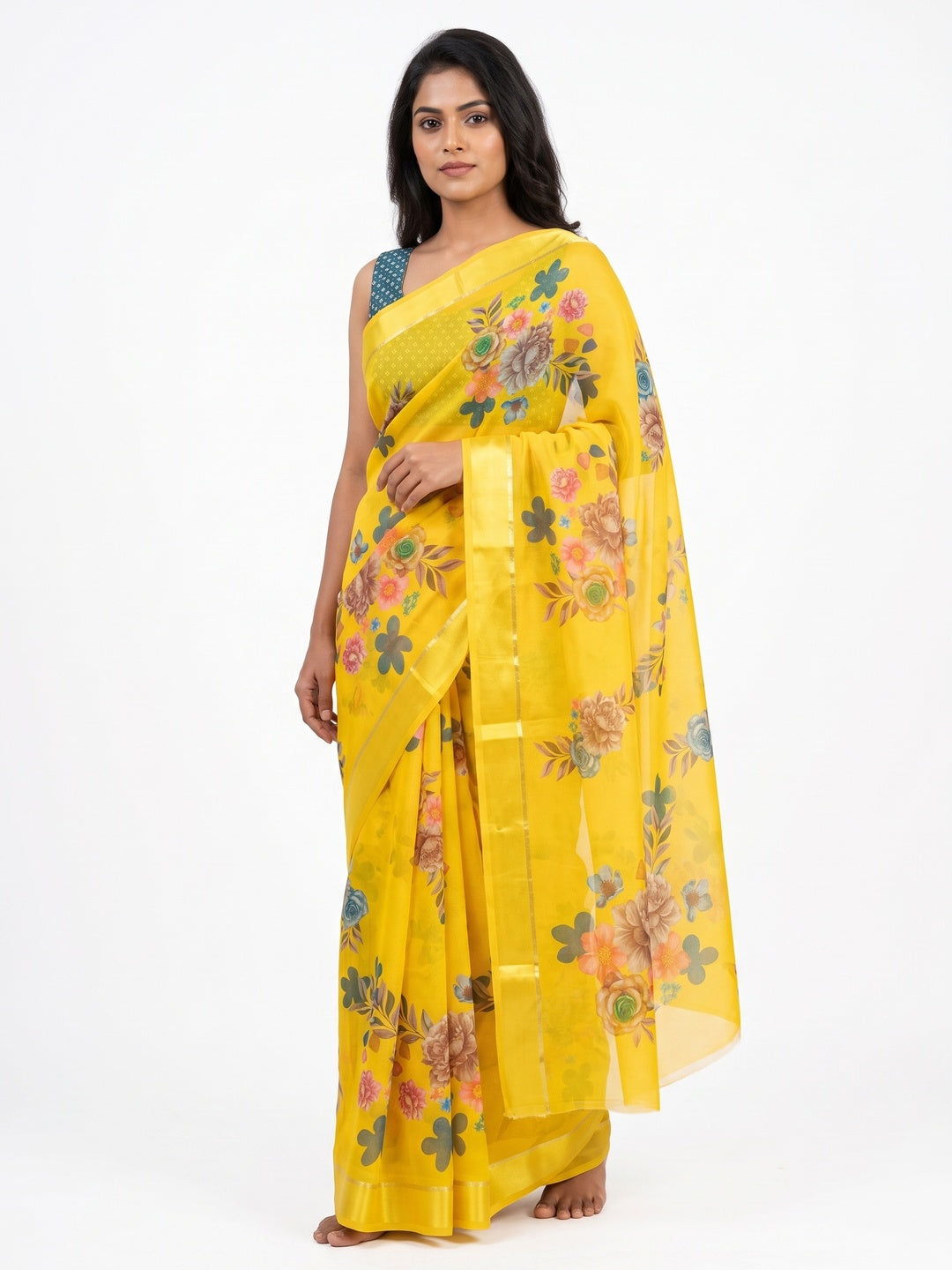 Yellow Floral Printed Chiffon Saree - Image 2