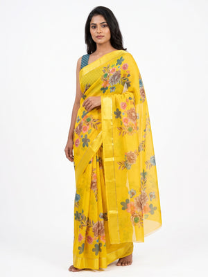 Yellow Floral Printed Chiffon Saree - Image 2