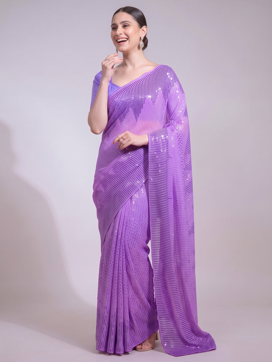 Purple Sequins Embroidered Georgette Saree - Image 4