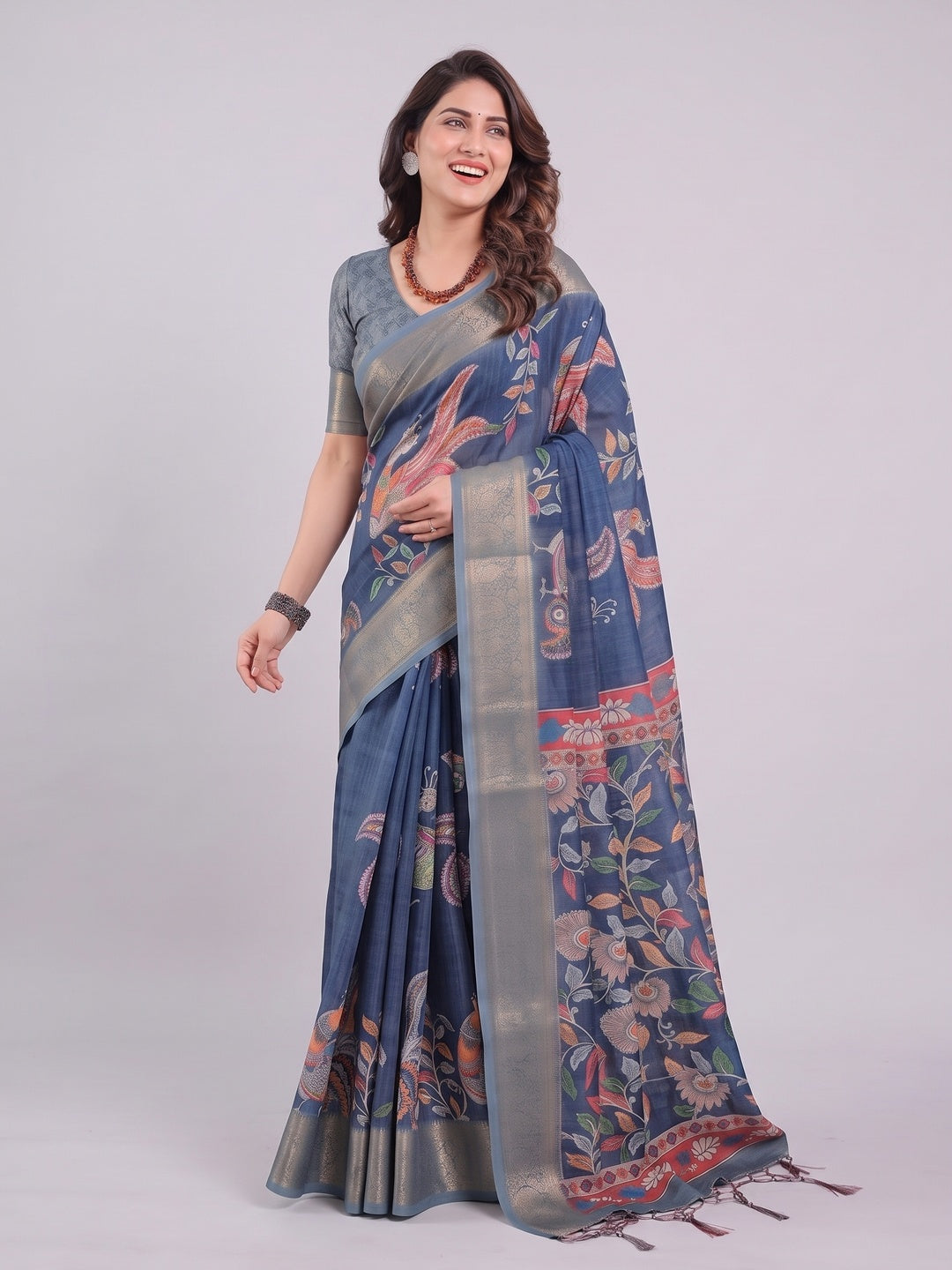 Peachmode Blue Handloom Linen Cotton Floral Print Saree - Image 5