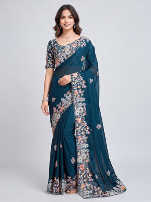 Morpich Blue Floral Sequins Embroidered Vichitra Rangoli Silk Saree - Image 1
