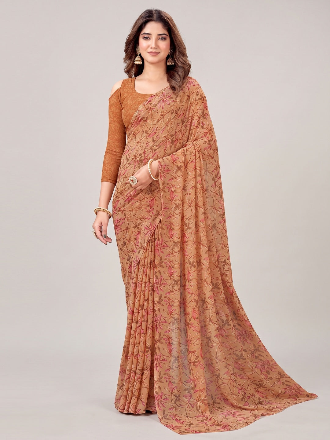 Rust Floral Printed Georgette Saree - Image 3