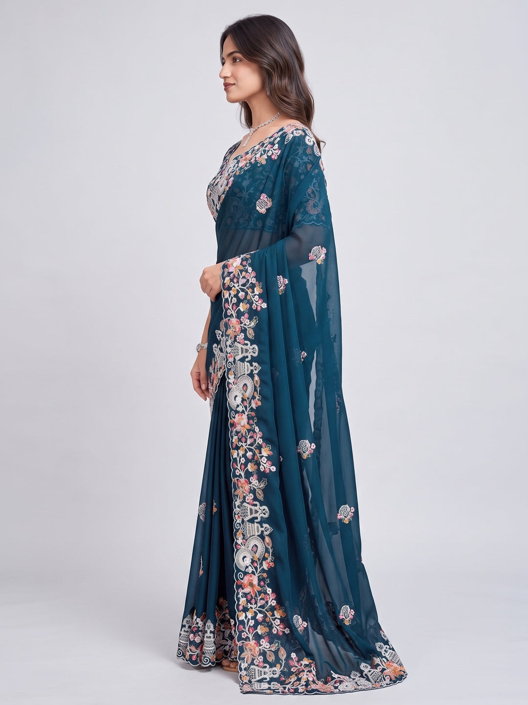 Morpich Blue Floral Sequins Embroidered Vichitra Rangoli Silk Saree - Image 3