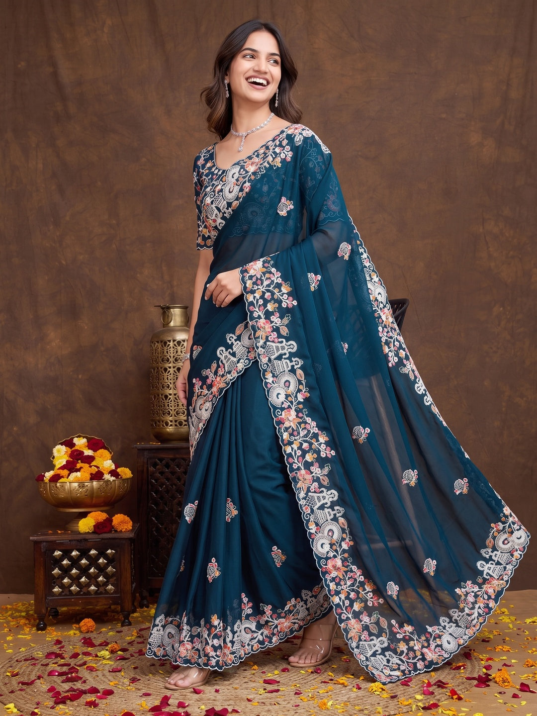 Morpich Blue Floral Sequins Embroidered Vichitra Rangoli Silk Saree - Image 4