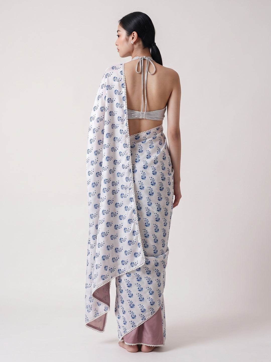 White & Blue Floral Digital Printed With Delicate Lace Border Pallu Chinon Ready To Wear Saree - Image 2