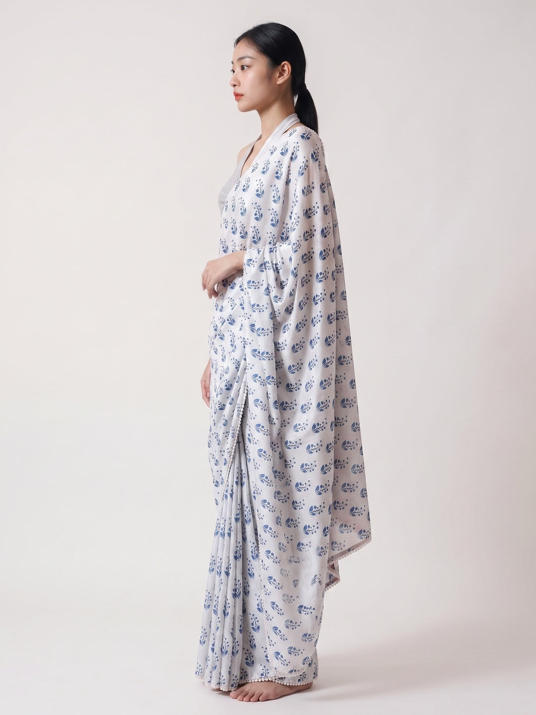 White & Blue Floral Digital Printed With Delicate Lace Border Pallu Chinon Ready To Wear Saree - Image 3