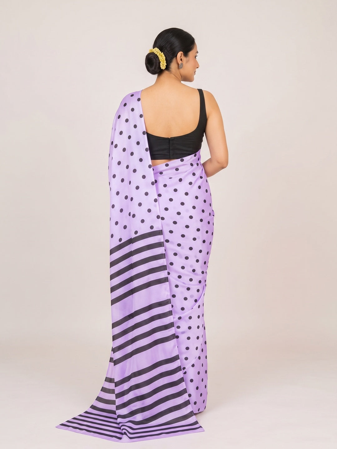 Classic Lavender Polka Printed Silk Crepe Saree Featuring Striped Pallu Design - Image 5