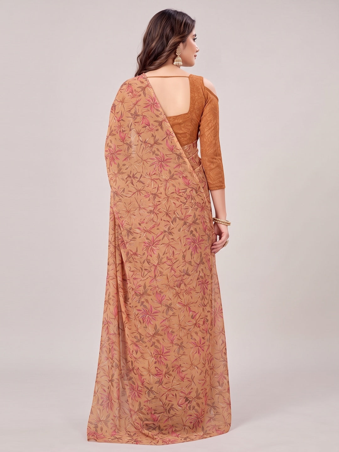 Rust Floral Printed Georgette Saree - Image 4