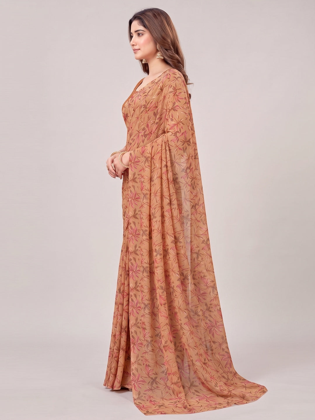Rust Floral Printed Georgette Saree - Image 5