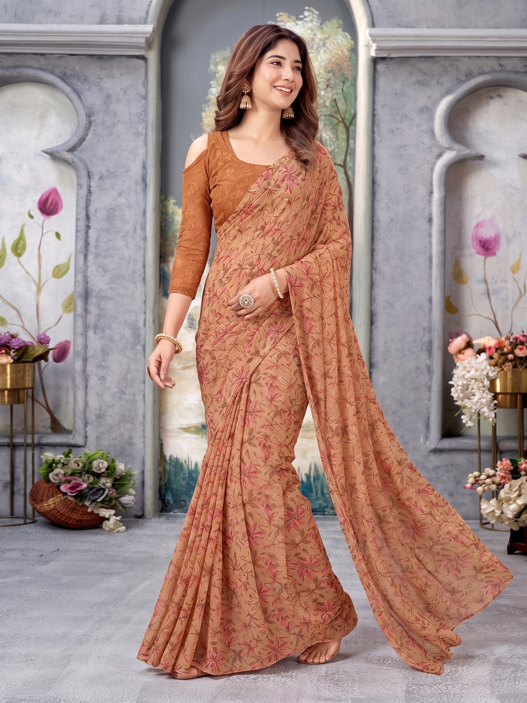 Rust Floral Printed Georgette Saree - Image 6
