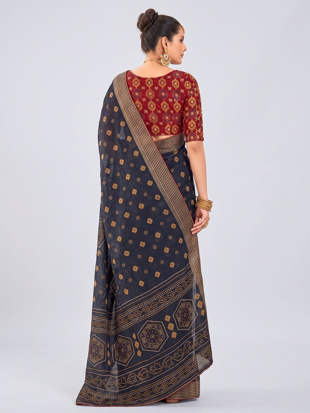 Blue Bandhani Printed Chiffon Saree With Tassels - Image 6