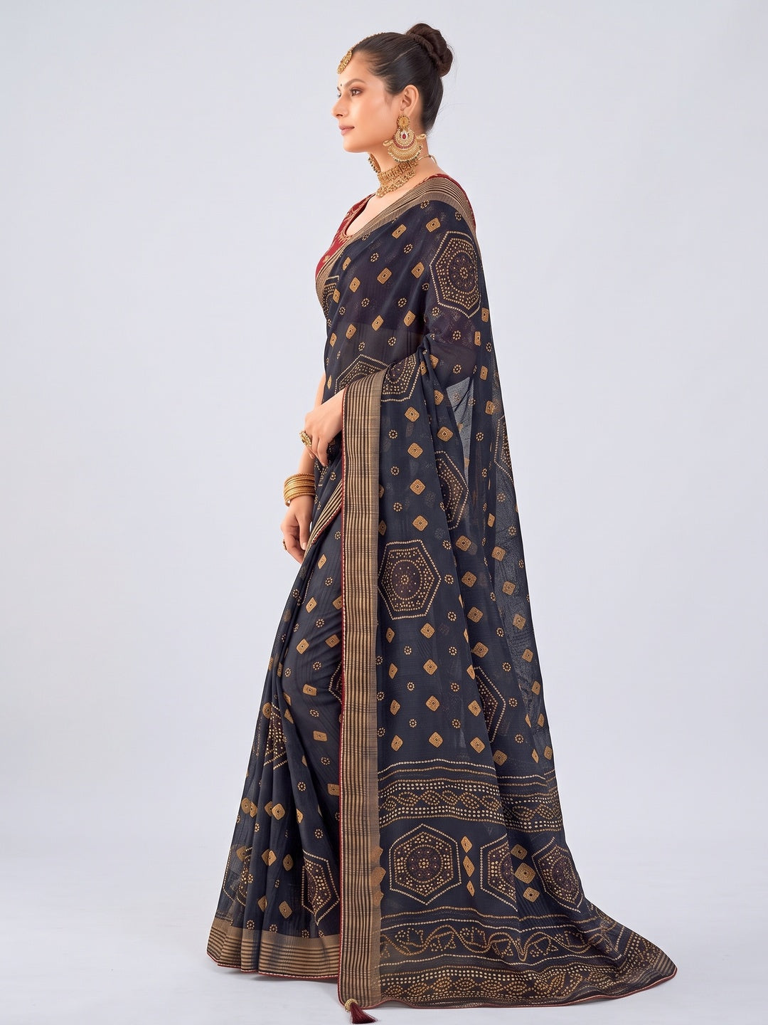 Blue Bandhani Printed Chiffon Saree With Tassels - Image 7
