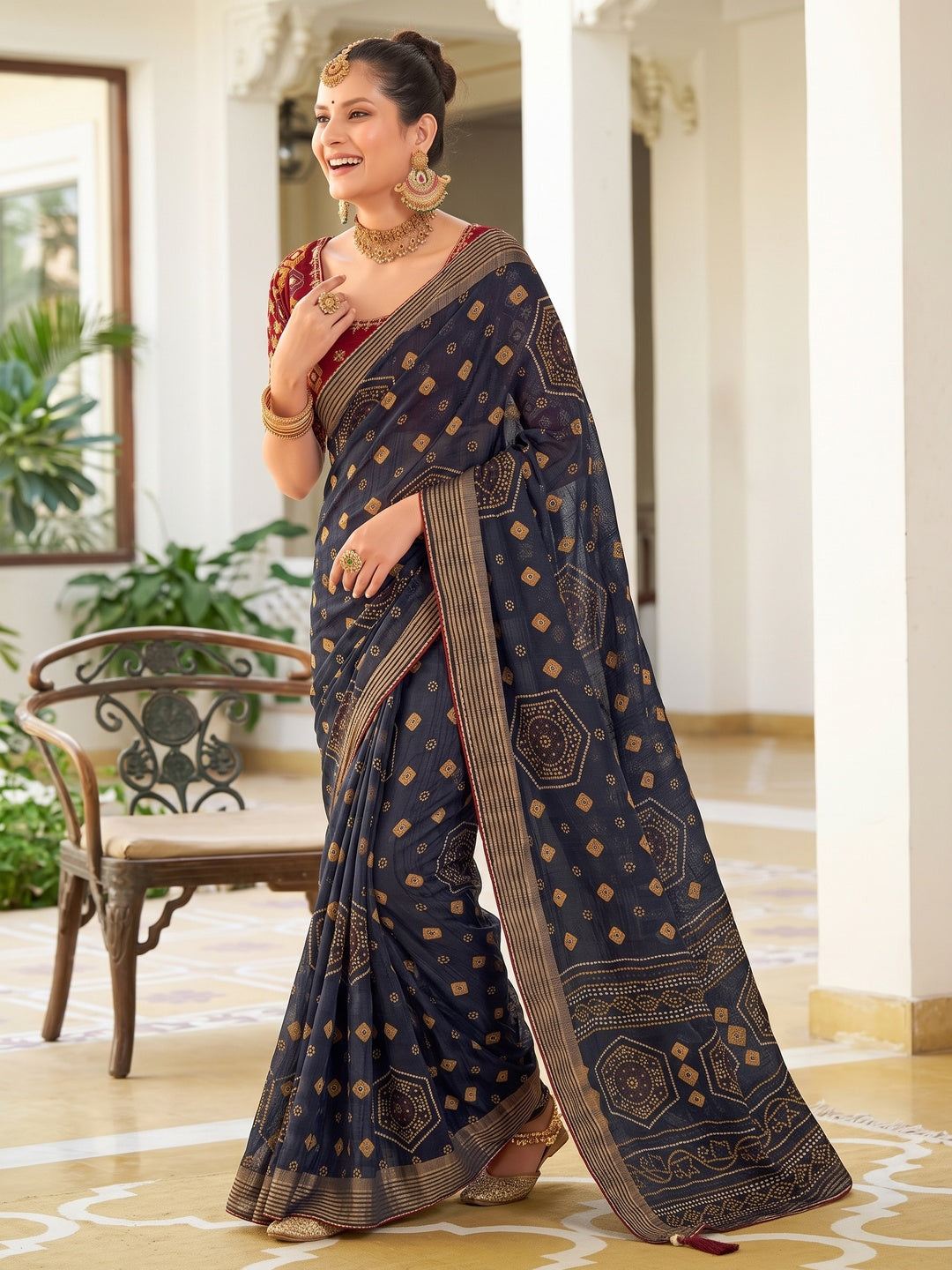 Blue Bandhani Printed Chiffon Saree With Tassels - Image 8