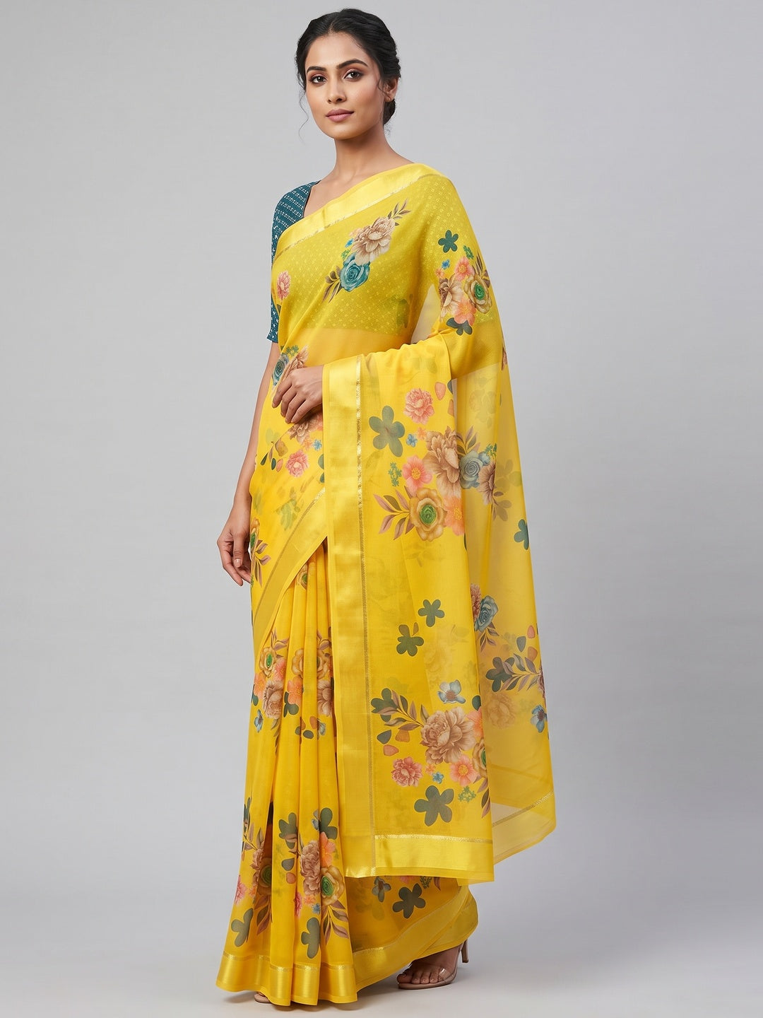 Yellow Floral Printed Chiffon Saree - Image 1