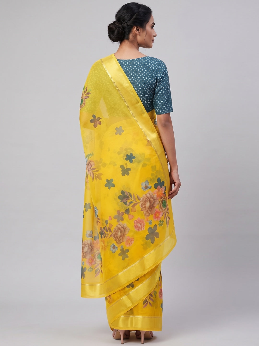Yellow Floral Printed Chiffon Saree - Image 3