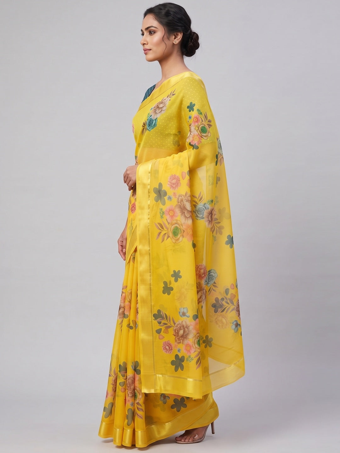 Yellow Floral Printed Chiffon Saree - Image 4