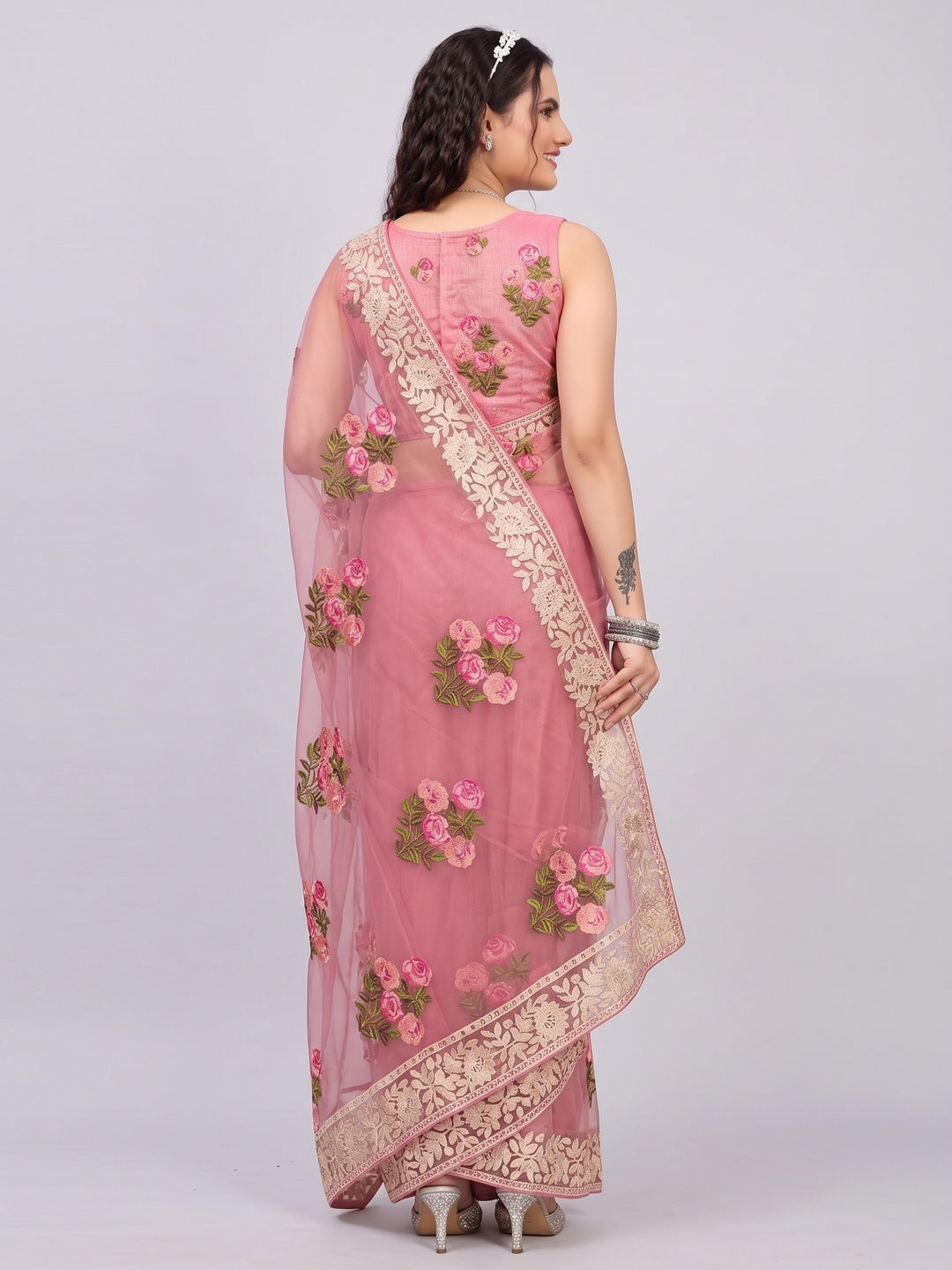 Onion Pink Floral Embroidered Net Saree - Image 2