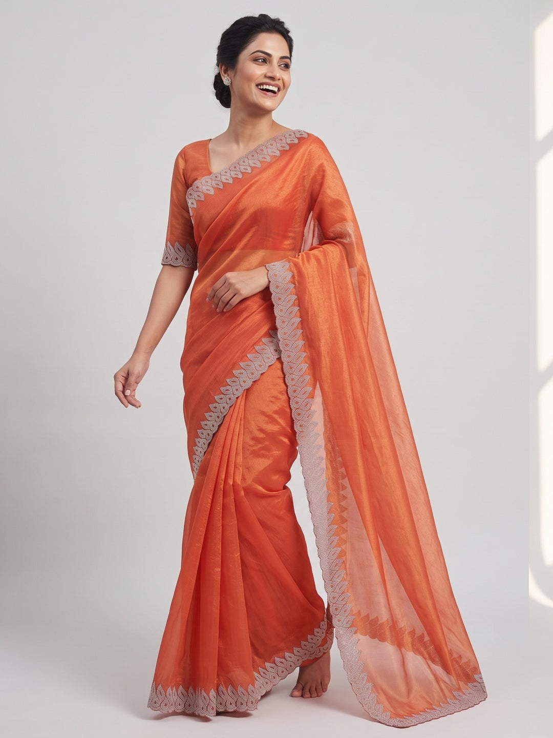 Orange Stone Work Embroidered Twill Gold Net Saree - Image 5