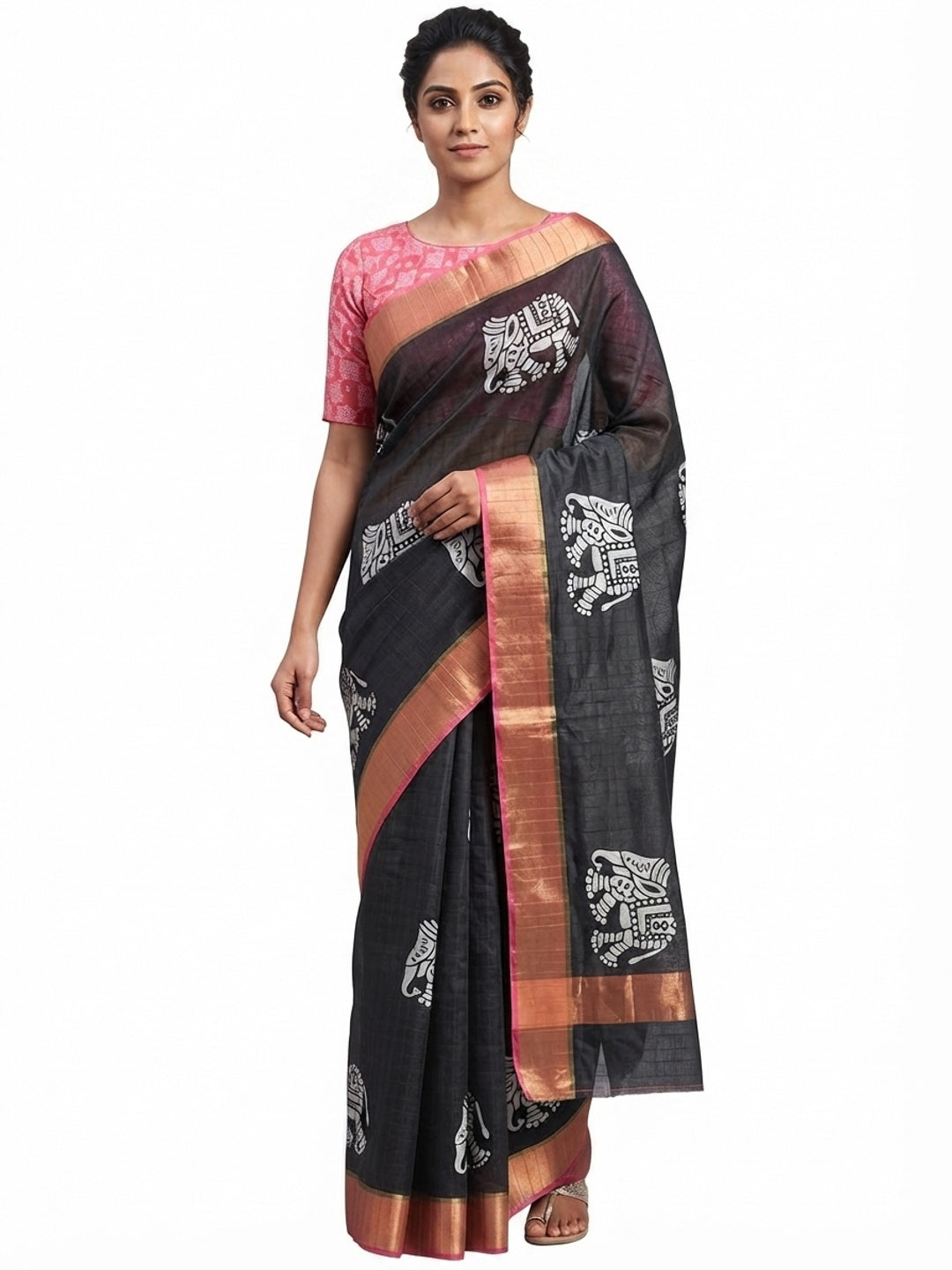 Black Cotton Silk Saree Woven on Handloom with Elegant Abstract Patterns - Image 3