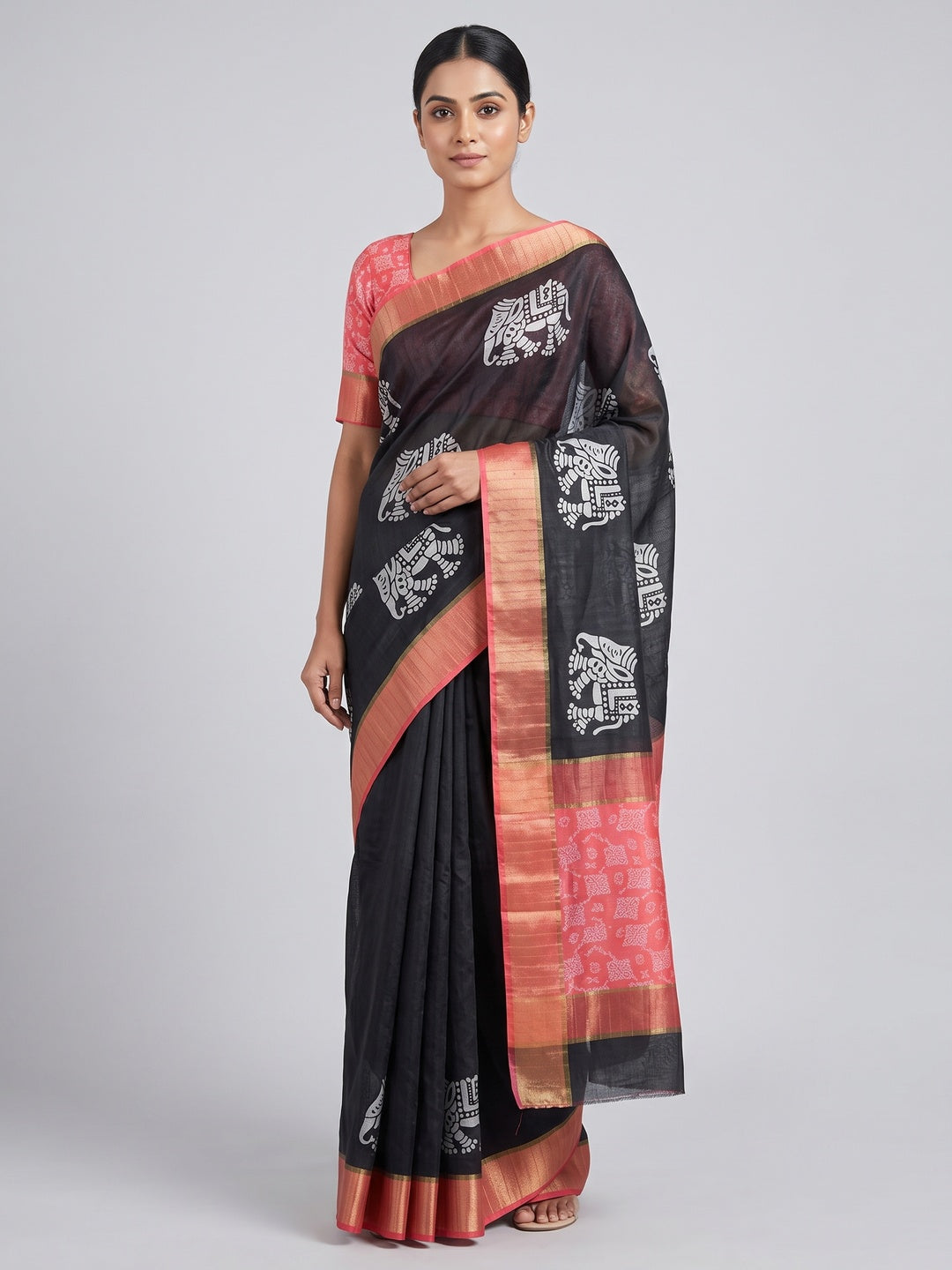 Black Cotton Silk Saree Woven on Handloom with Elegant Abstract Patterns - Image 1