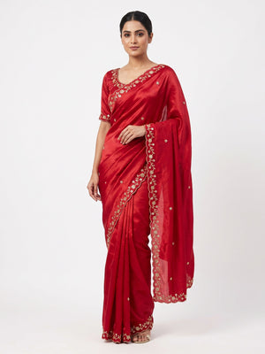 Red Satin Saree Embellished With Beads and Sequins Embroidery Work - Image 1