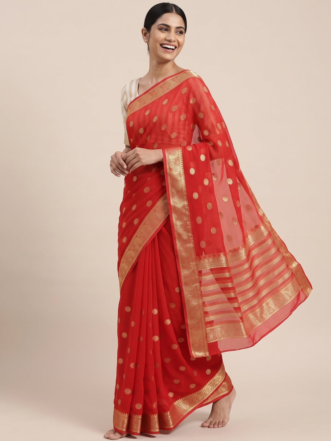 Red & White Zari Weaving Weaving Georgette Saree - Image 5