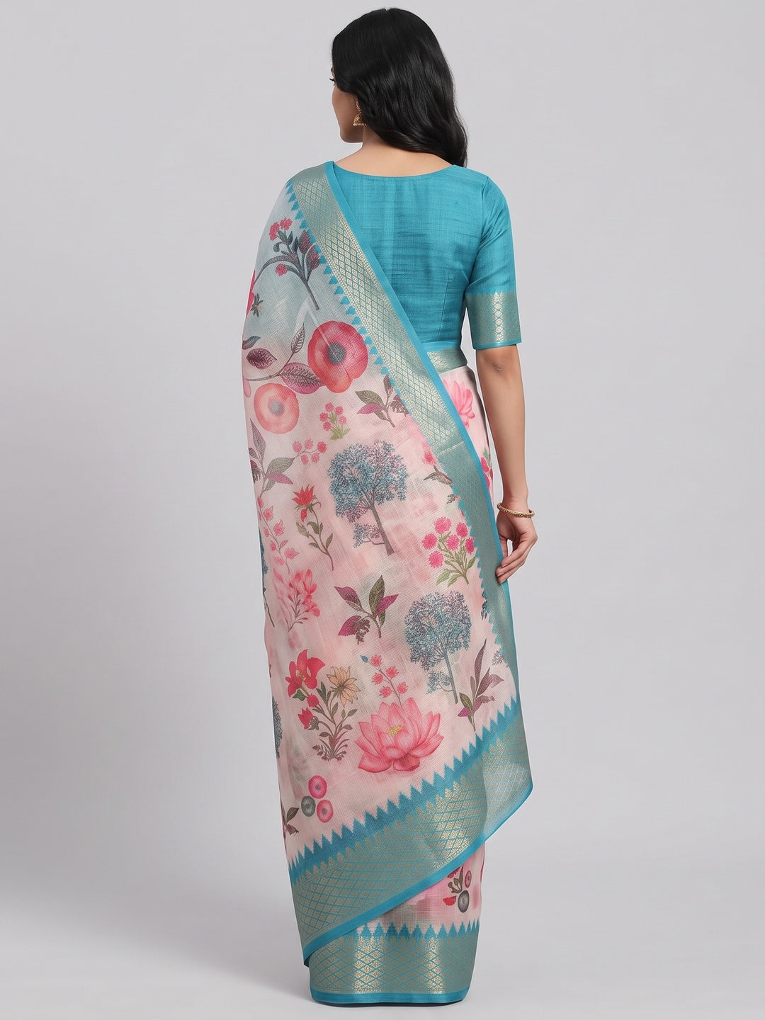 White & Blue Floral Printed Kota Doria Saree - Image 1
