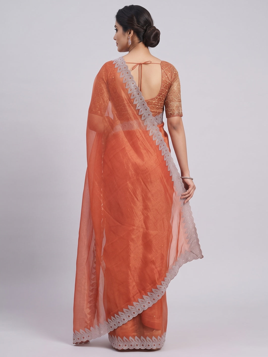 Orange Stone Work Embroidered Twill Gold Net Saree - Image 8