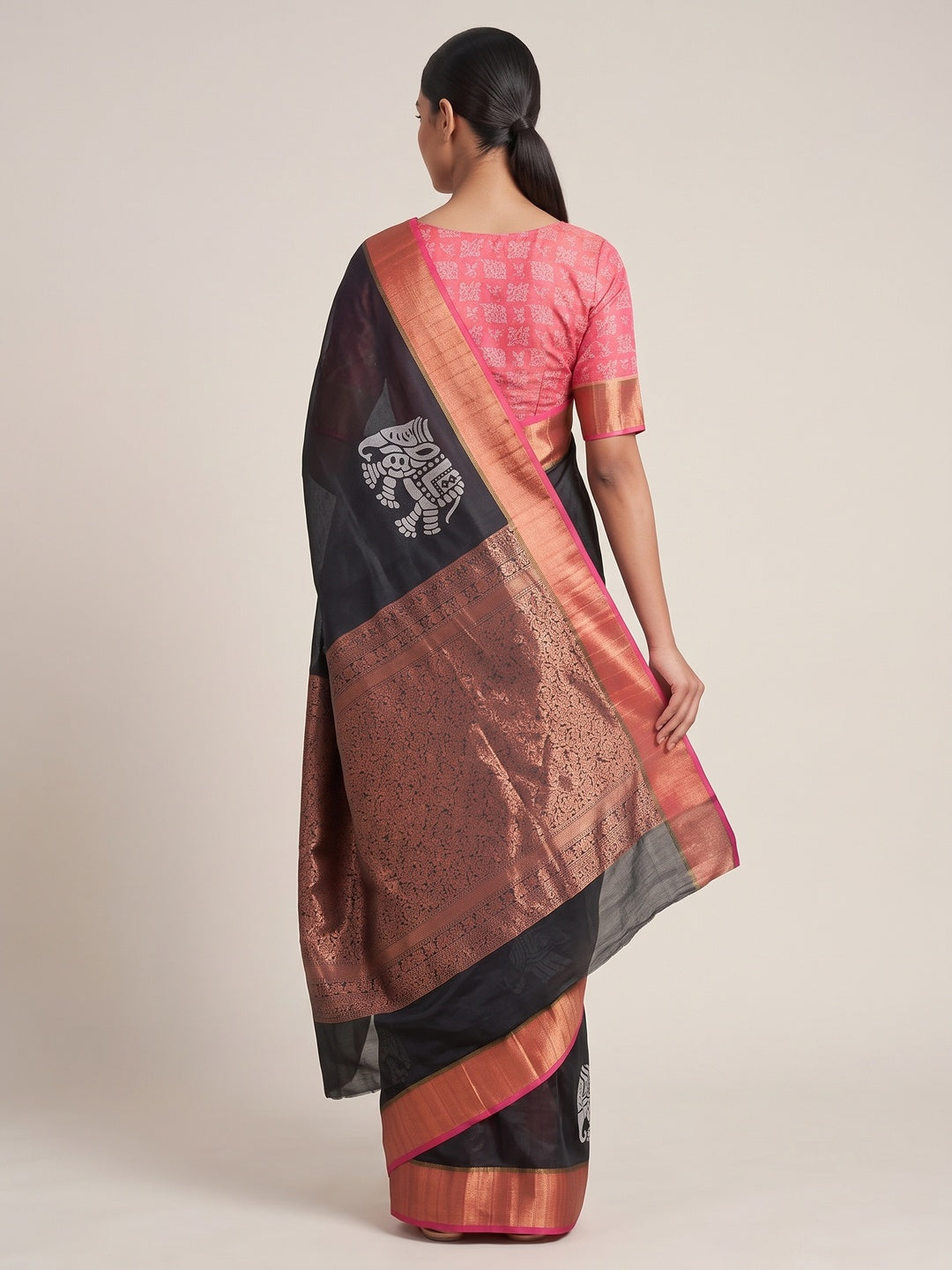Black Cotton Silk Saree Woven on Handloom with Elegant Abstract Patterns - Image 8