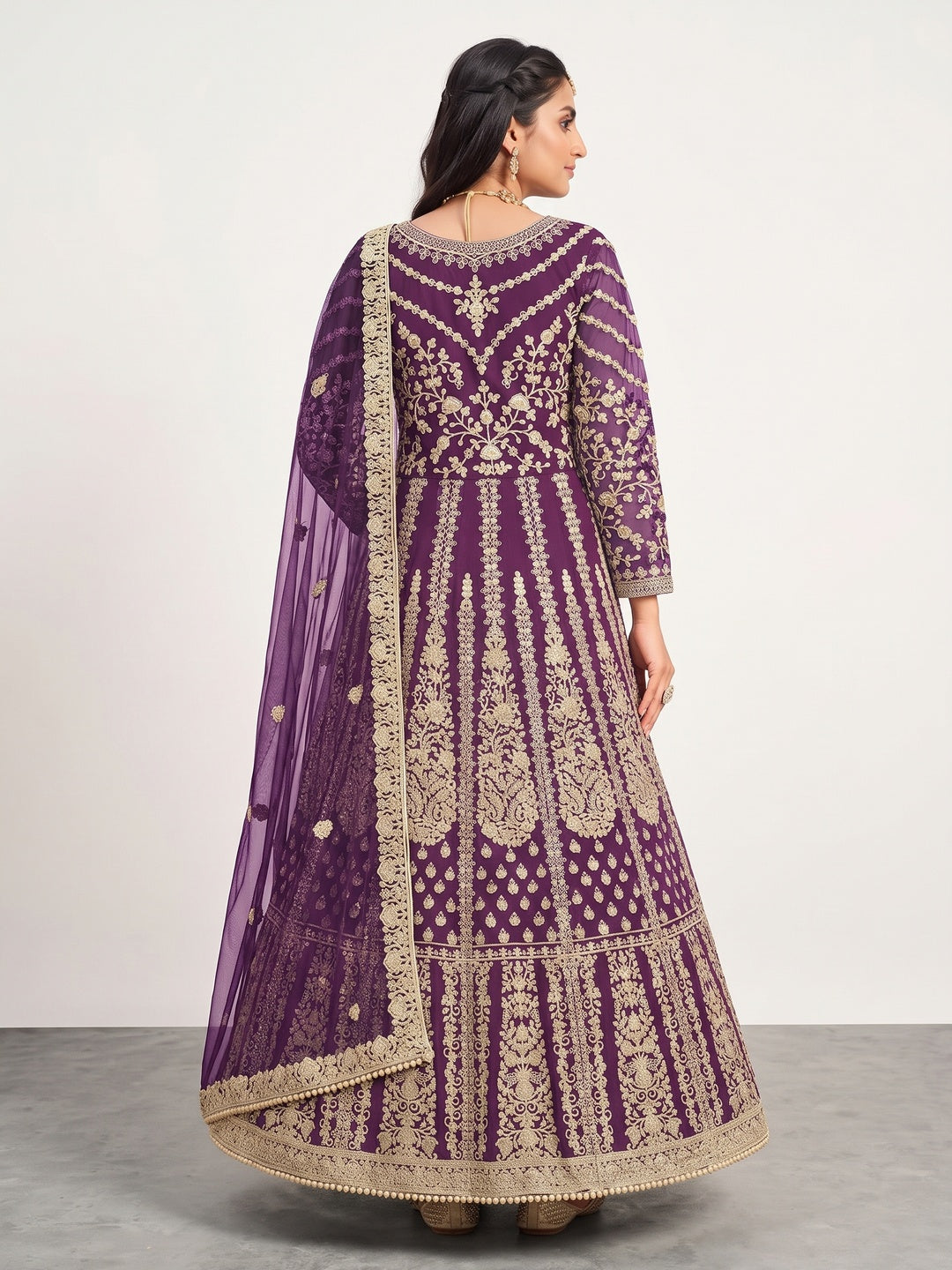 Purple Partywear Embroidered Net Anarkali Suit - Image 3