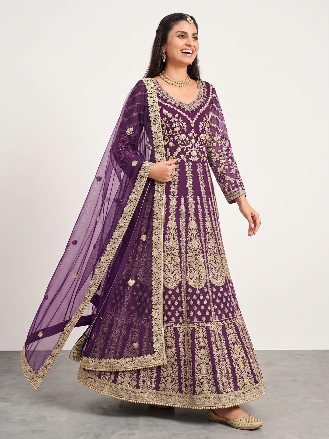 Purple Partywear Embroidered Net Anarkali Suit - Image 5