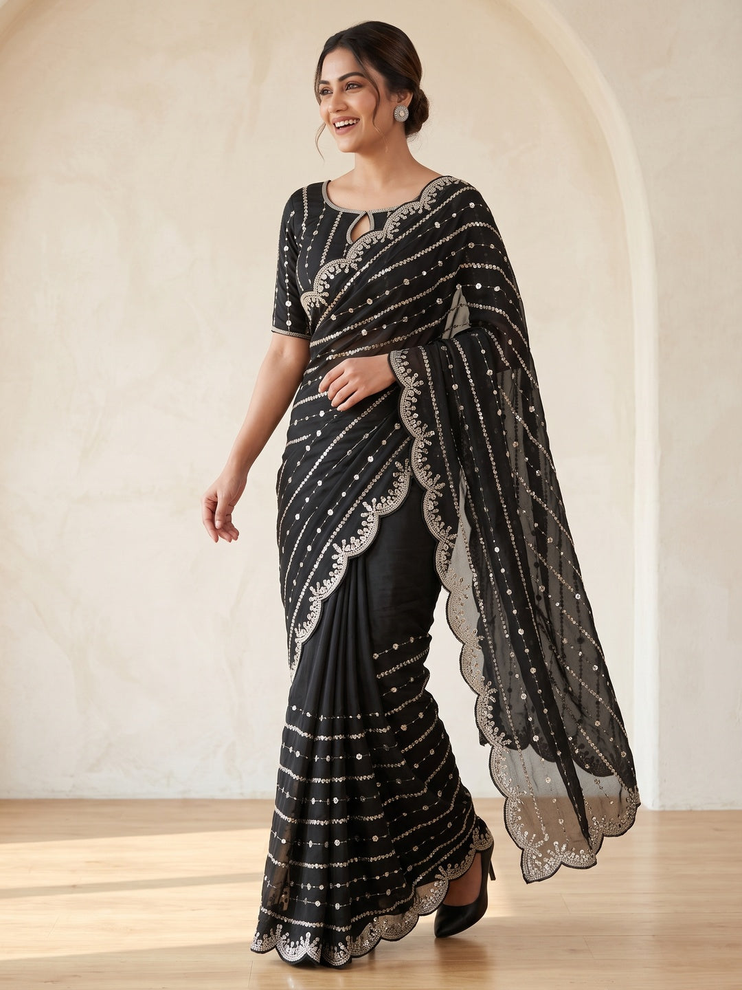 Black Designer Satin Partywear Saree Enhanced with Sparkling Sequins Work - Image 4