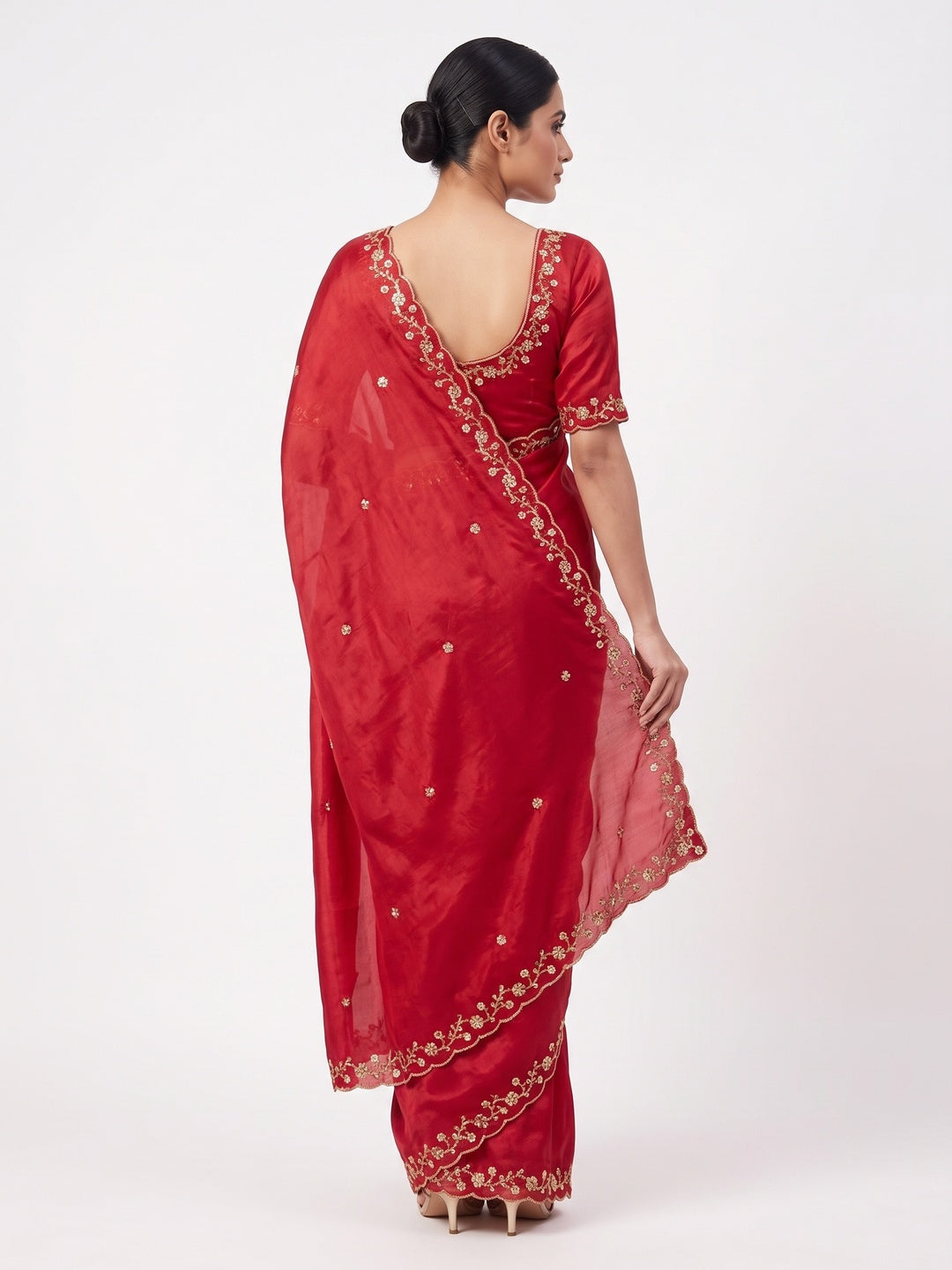 Red Satin Saree Embellished With Beads and Sequins Embroidery Work - Image 2