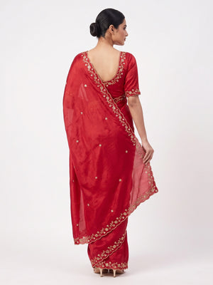 Red Satin Saree Embellished With Beads and Sequins Embroidery Work - Image 2