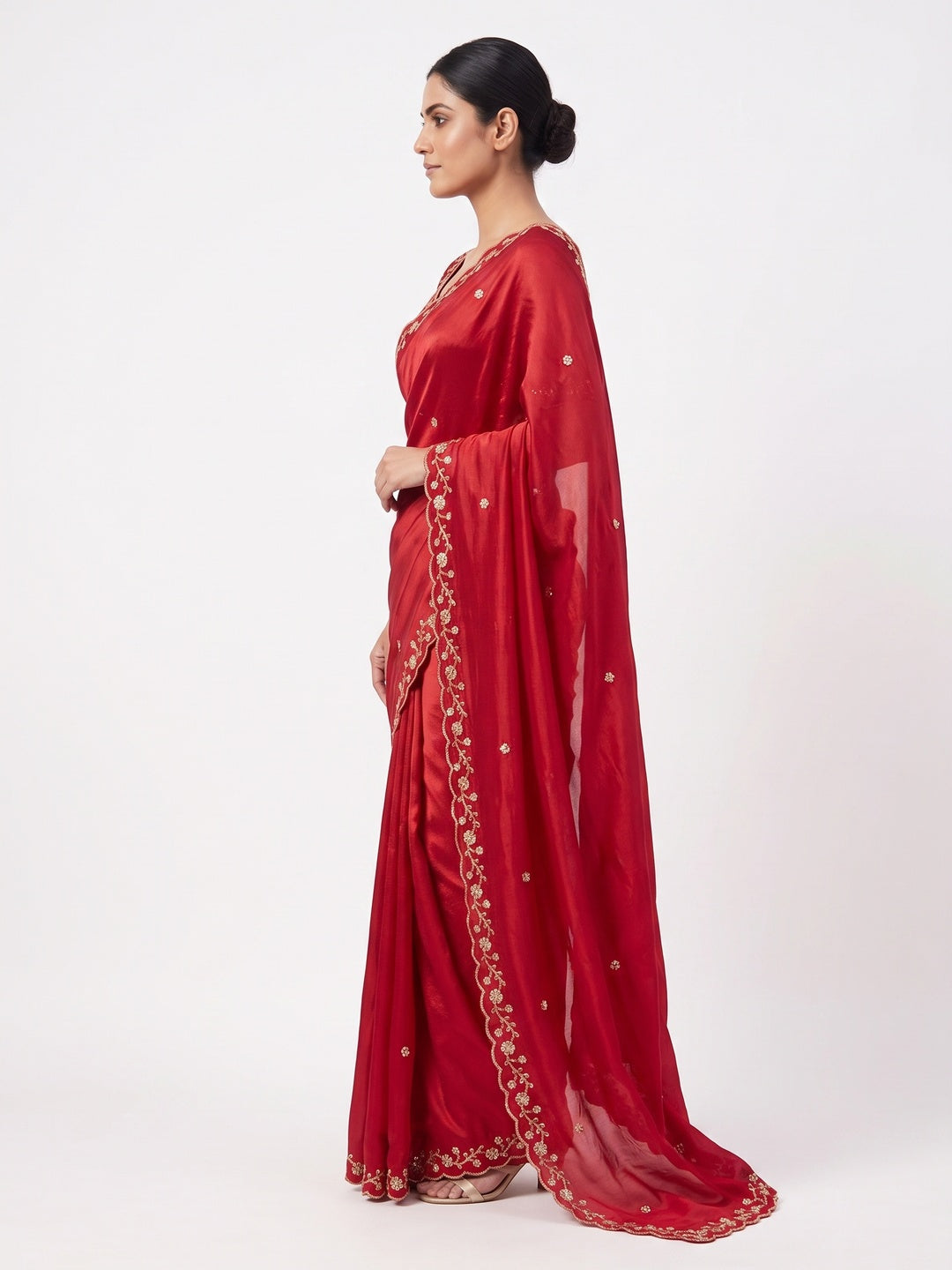 Red Satin Saree Embellished With Beads and Sequins Embroidery Work - Image 3