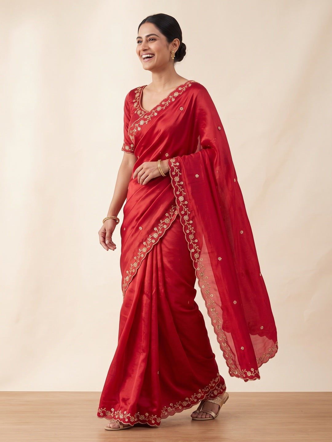 Red Satin Saree Embellished With Beads and Sequins Embroidery Work - Image 4