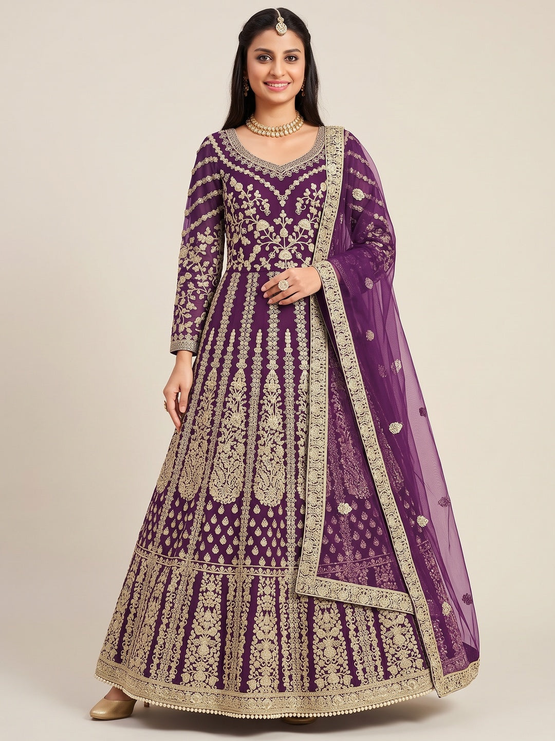 Purple Partywear Embroidered Net Anarkali Suit - Image 1