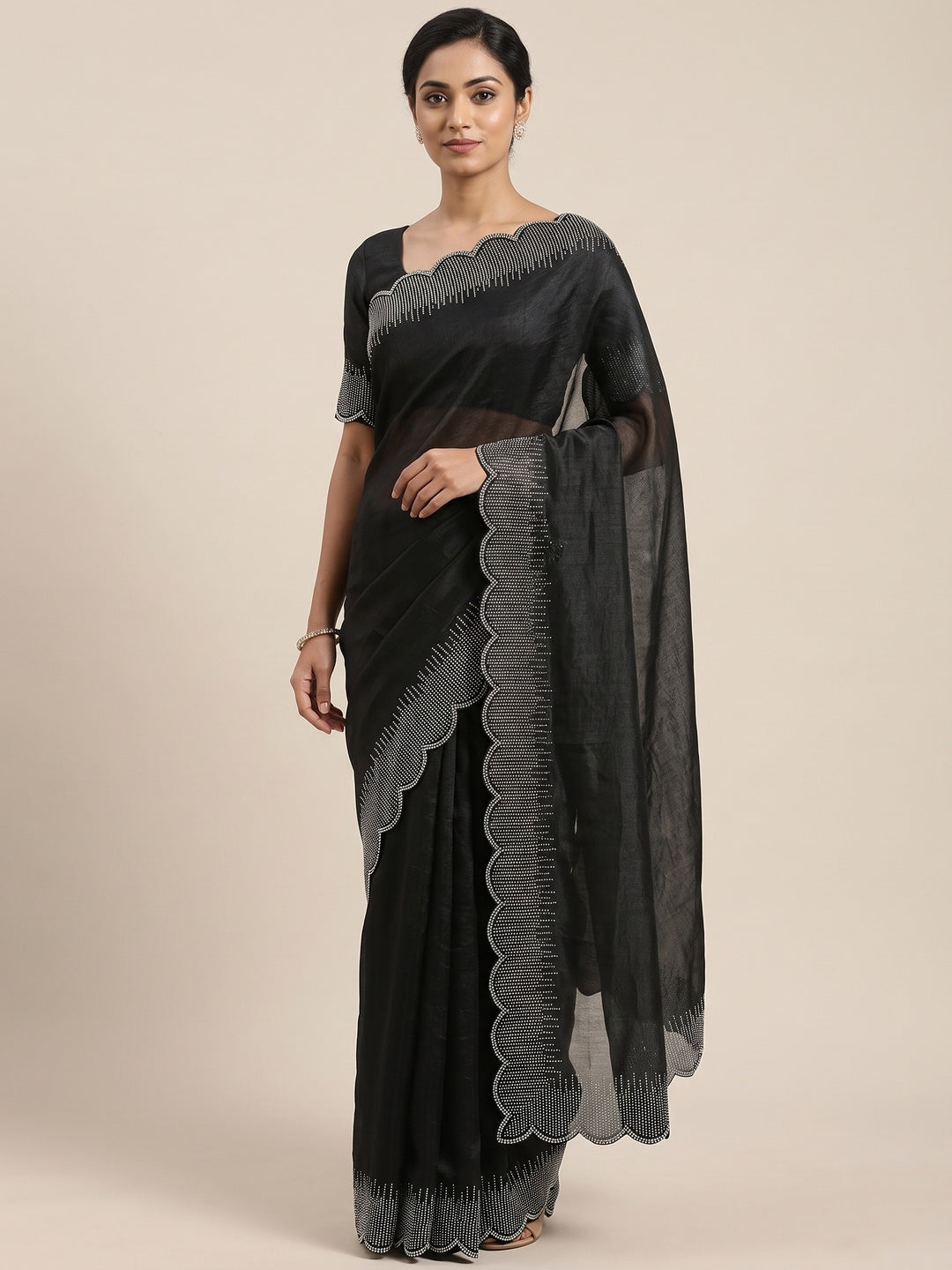 Black Swarovski Work Rangoli Silk Art Saree - Image 5