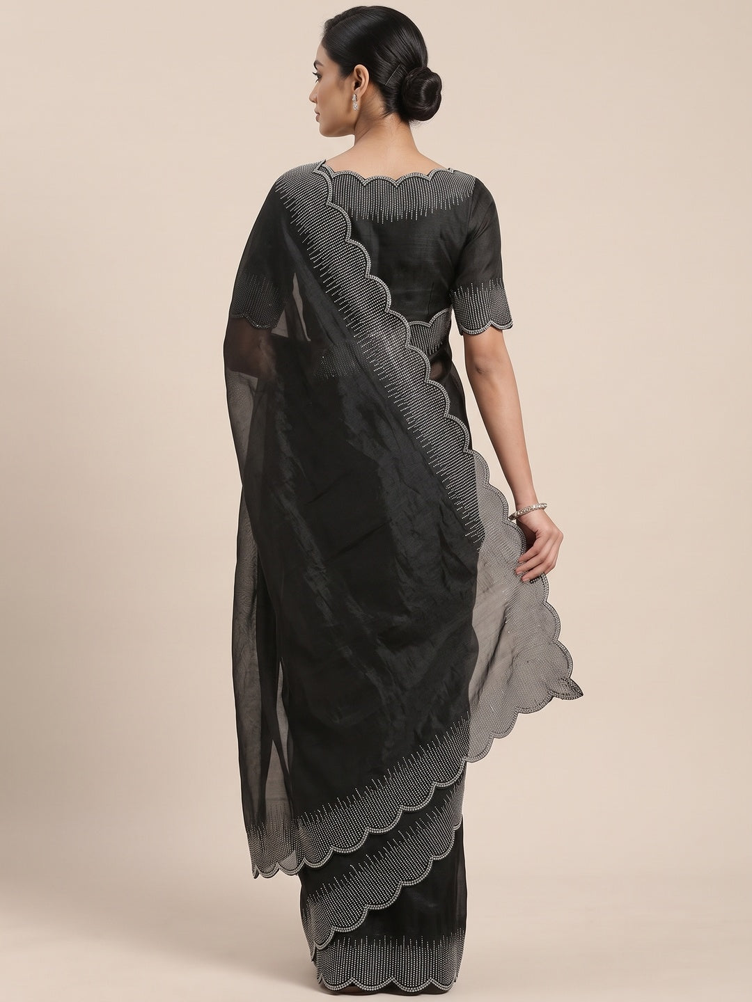 Black Swarovski Work Rangoli Silk Art Saree - Image 6