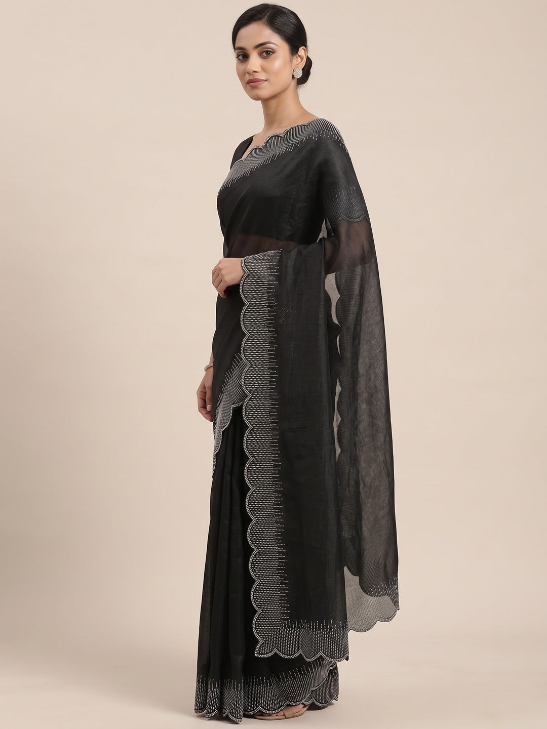 Black Swarovski Work Rangoli Silk Art Saree - Image 7