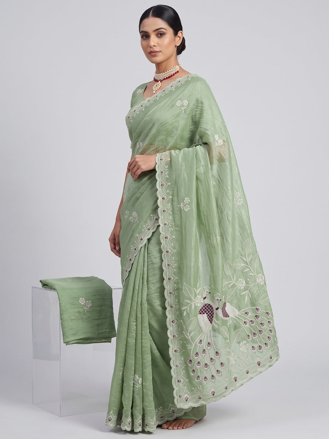Green Floral Sequins Embroidered Art Silk Crush Saree - Image 1