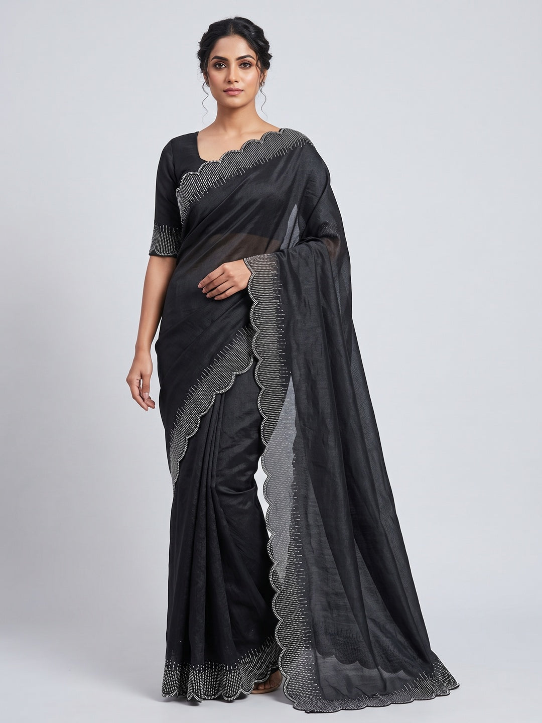 Black Swarovski Work Rangoli Silk Art Saree - Image 1